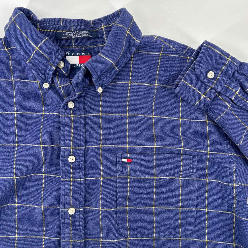 Tommy Hilfiger Shirt Mens XL Blue Yellow Windowpane Cotton Flannel Button Down